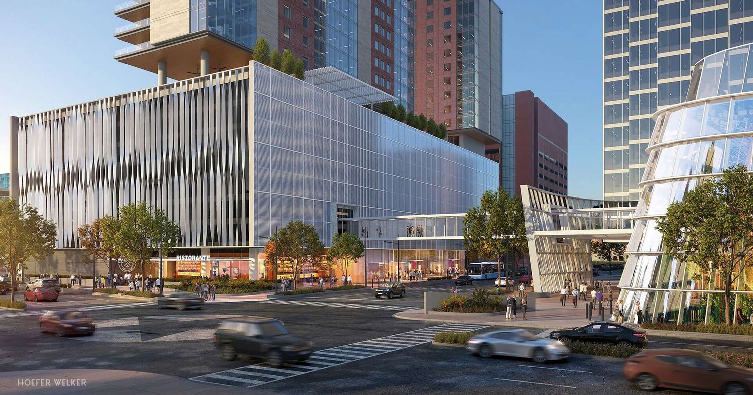 Rendering of the retail podium and pedestrian plaza at the Bank of America Plaza redevelopment (Hoefer Welker)