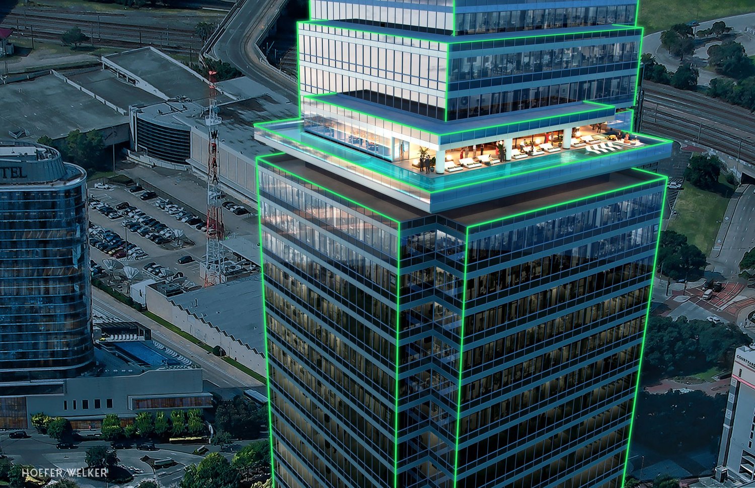 Rendering of the existing Bank of America Plaza tower with new green accent lighting and rooftop amenity deck (Hoefer Welker)