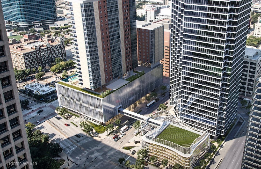 Aerial rendering of the Bank of America Plaza redevelopment at 901 Main Street, showing the new mixed-use podium and tower beside the existing skyscraper (Hoefer Welker)