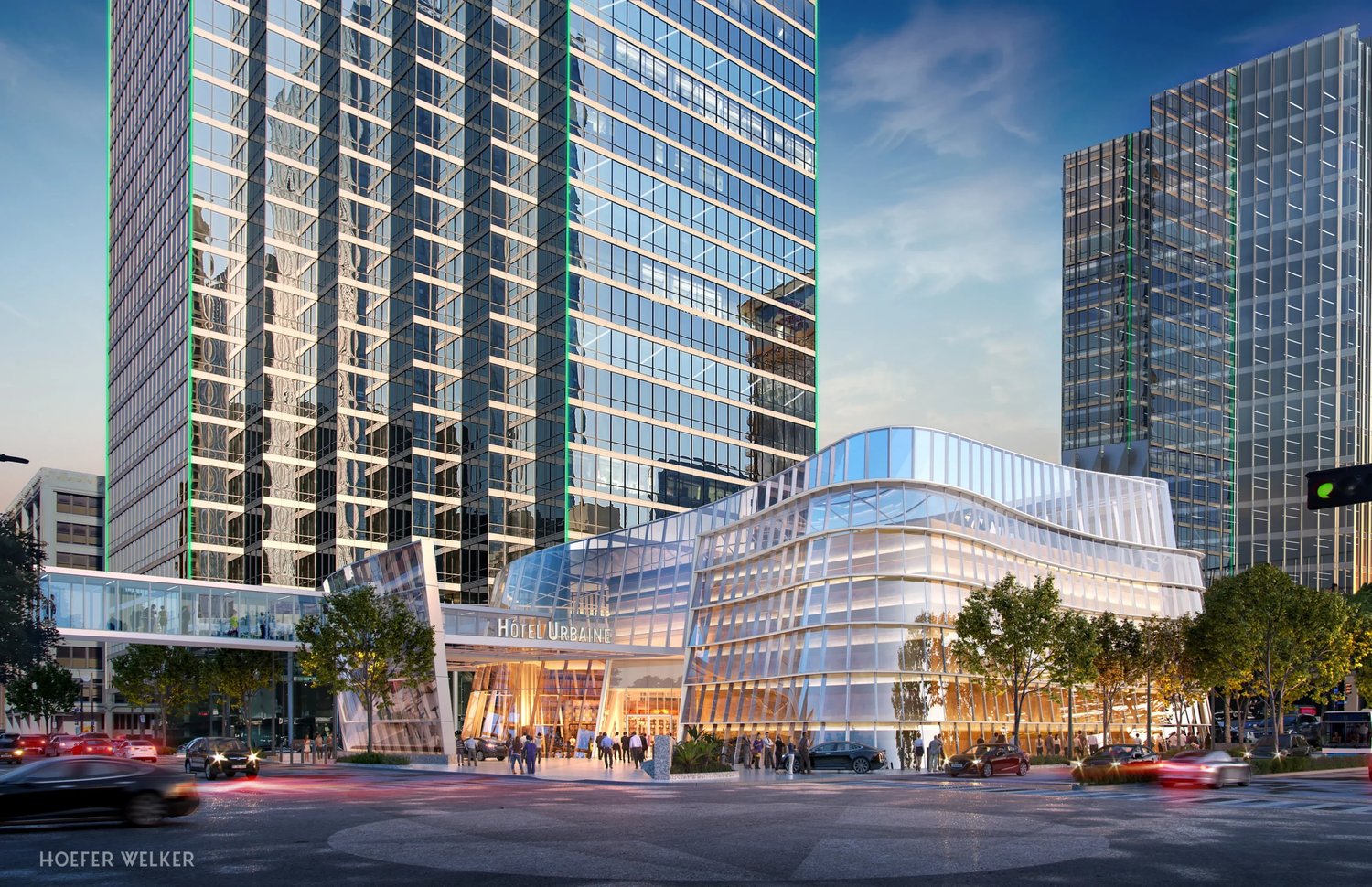 Street-level rendering of the hotel and retail podium planned for the 901 Main Street redevelopment (Hoefer Welker)
