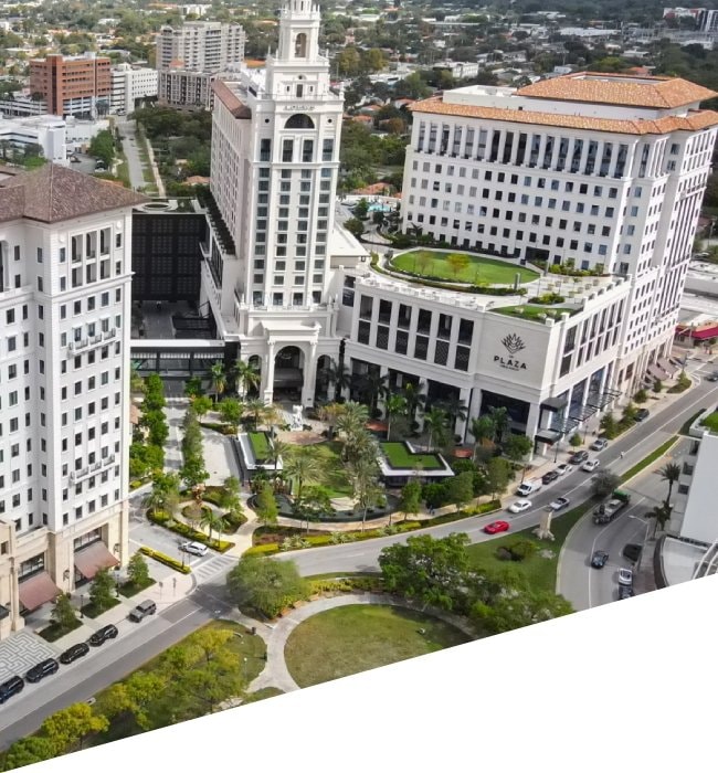 Aerial view of the completed Plaza Coral Gables along Ponce de Leon Boulevard