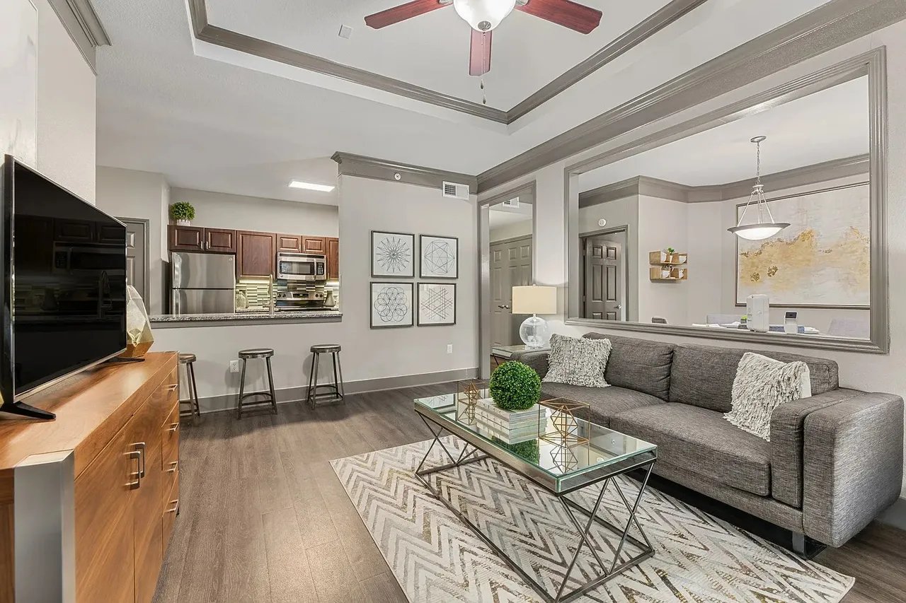 Model living room and kitchen at Beck at Wells Branch