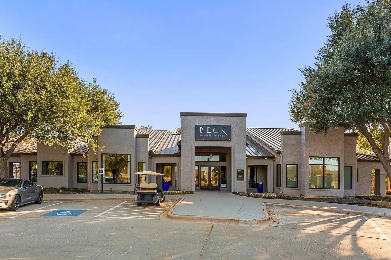 Leasing center entrance at Beck at Wells Branch, 2801 Wells Branch Parkway