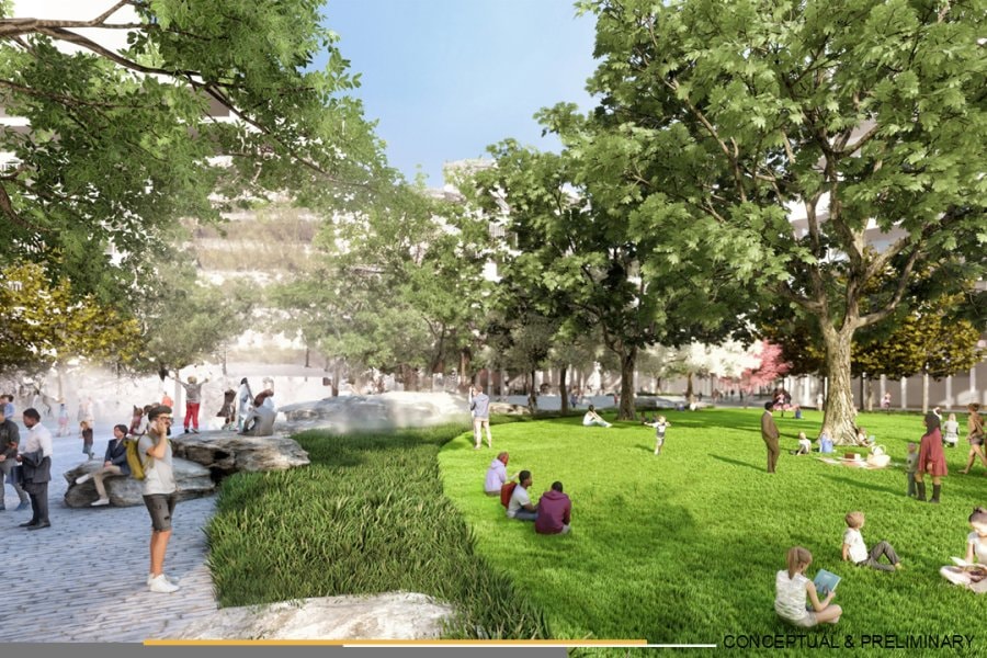 Conceptual rendering of the central lawn in the Vanderbilt Innovation Neighborhood