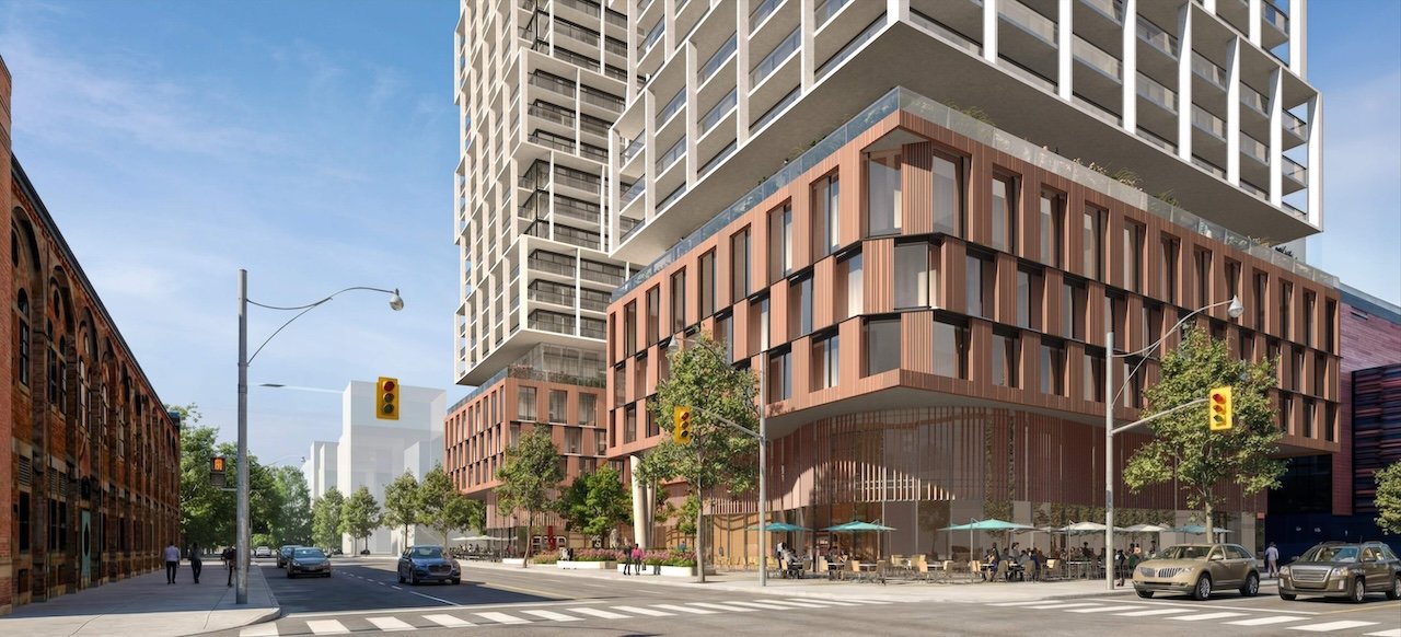 Street-level rendering of the podium and retail frontage at 281 Front Street East