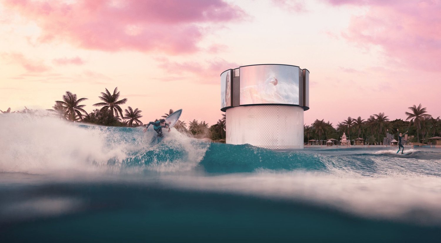 Rendering of surfers riding waves at Peak Surf Park, with the park's media tower in the background