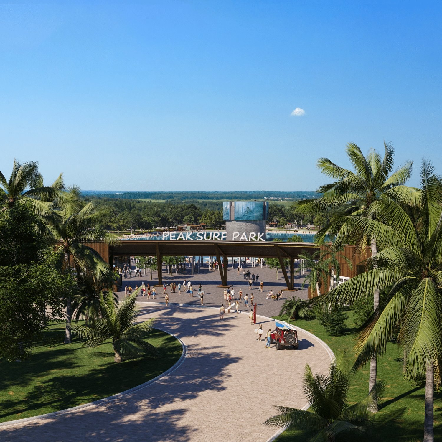 Rendering of the main entrance to Peak Surf Park at Two Rivers