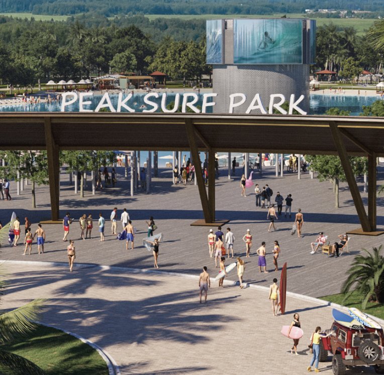 Rendering of visitors at the Peak Surf Park entry plaza