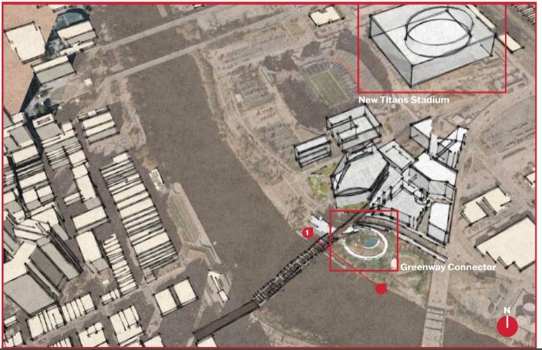 Aerial site plan showing the Greenway Connector at the Seigenthaler Bridge landing and the new Titans stadium