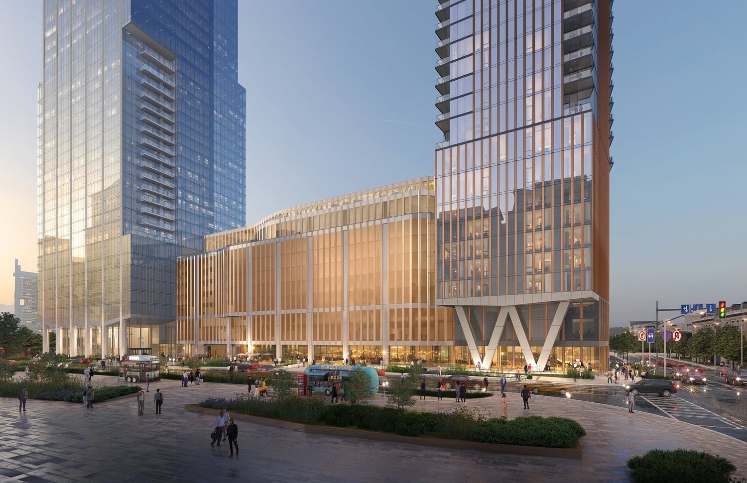 Rendering of the Queensbridge Collective podium and plaza, with The Vivian tower at right (Goettsch Partners)