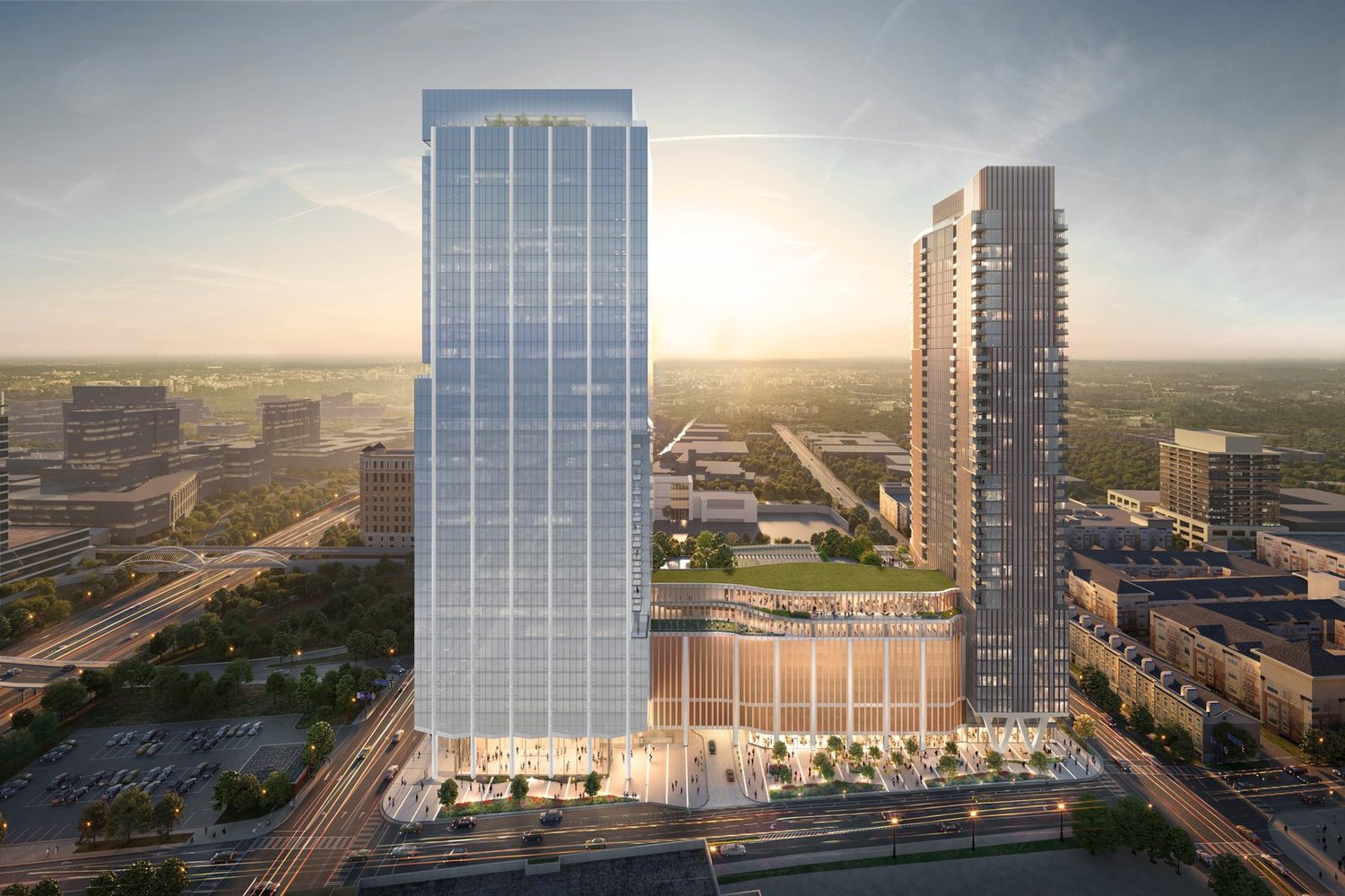 Aerial rendering of Queensbridge Collective, showing The Vivian residential tower (right) and the office tower (Goettsch Partners)
