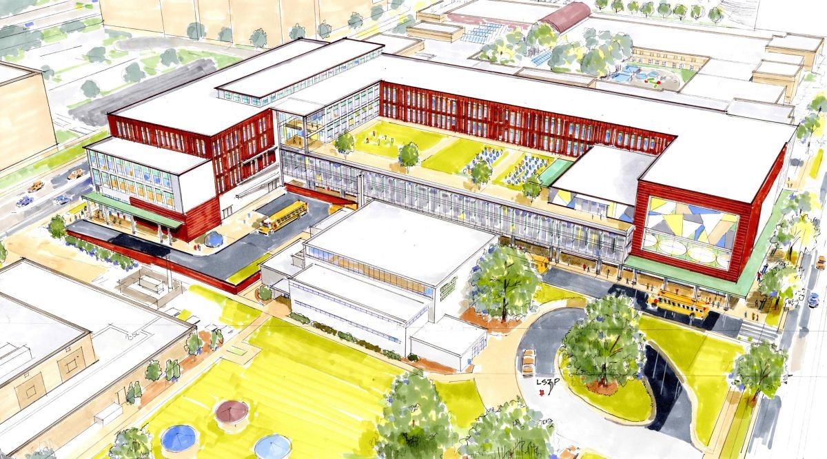 Aerial concept sketch of the Second Ward High School campus by LS3P Associates