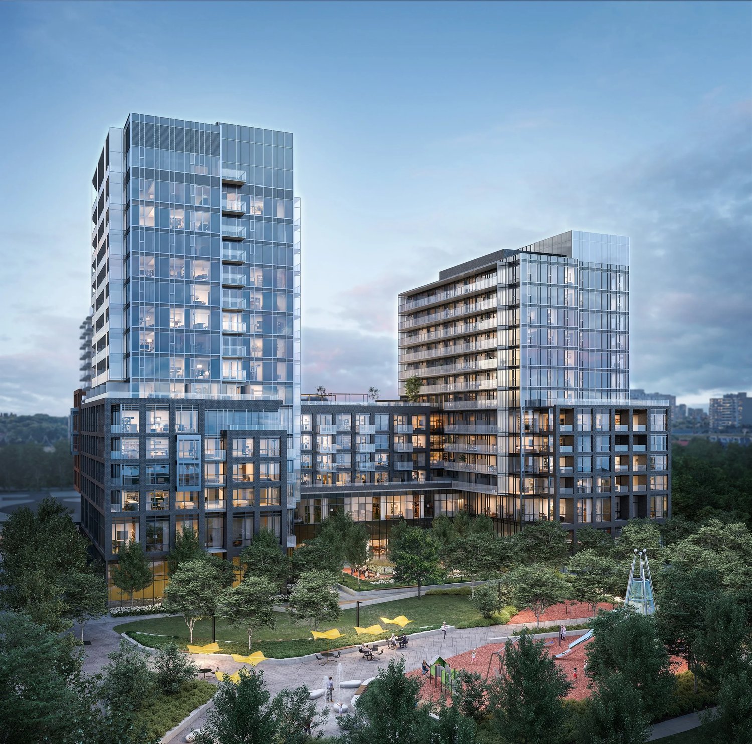 Dusk rendering of Express 2 Condos and its landscaped courtyard