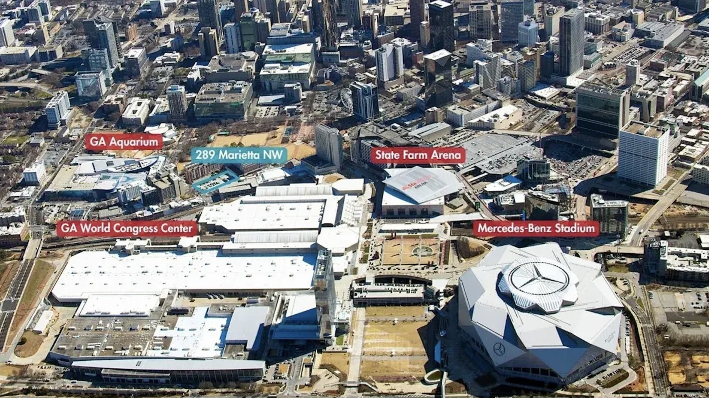 Aerial view of the Centennial Park District with the 289 Marietta NW parking lot site labeled
