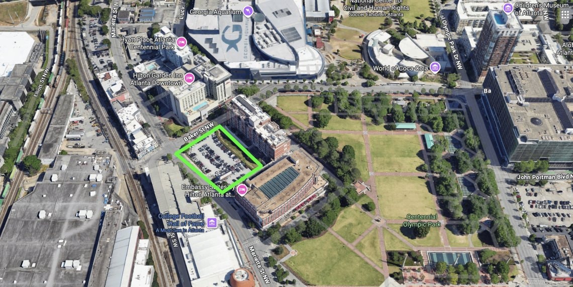 Map showing the acquired parking lot (outlined) next to Centennial Olympic Park