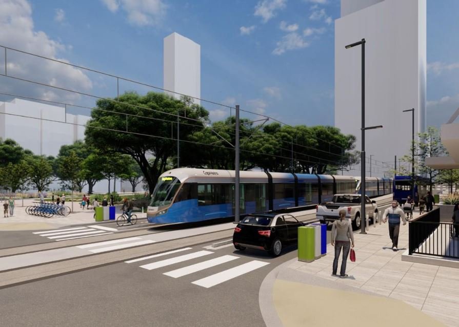Rendering of a CapMetro light rail train at street level on the Project Connect corridor
