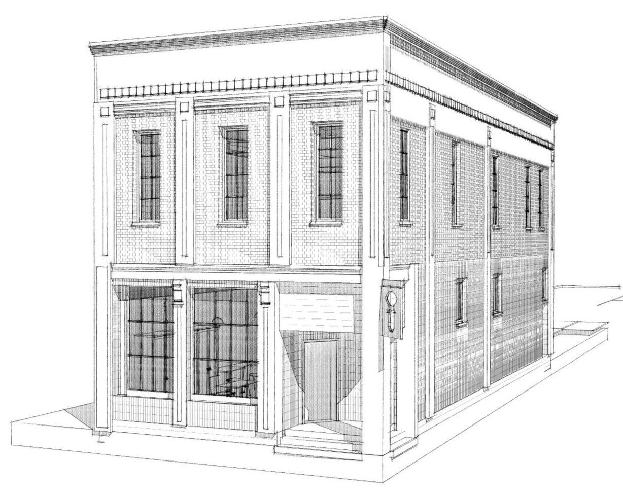 Architectural rendering of the Layman Drug building by Dryden Architecture + Design
