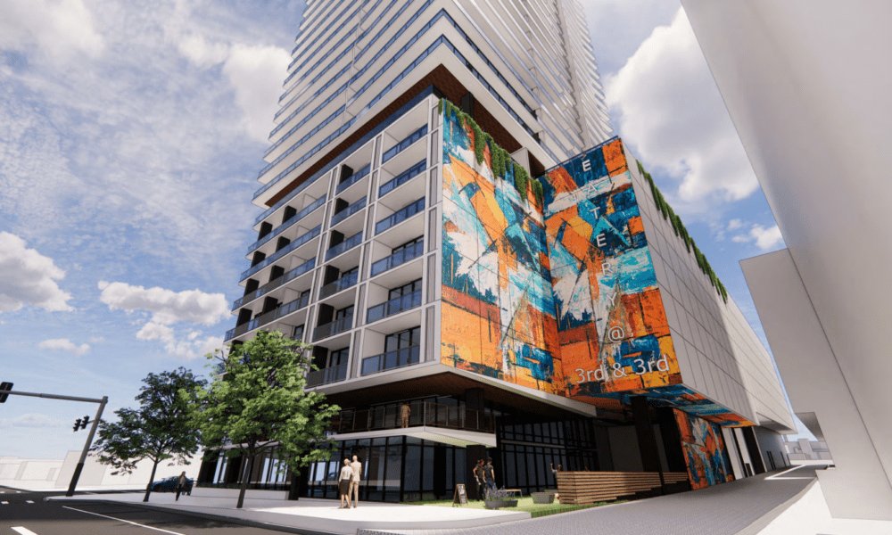 Rendering of 3rd & 3rd's mural-clad podium at 3rd Street South and 3rd Avenue South