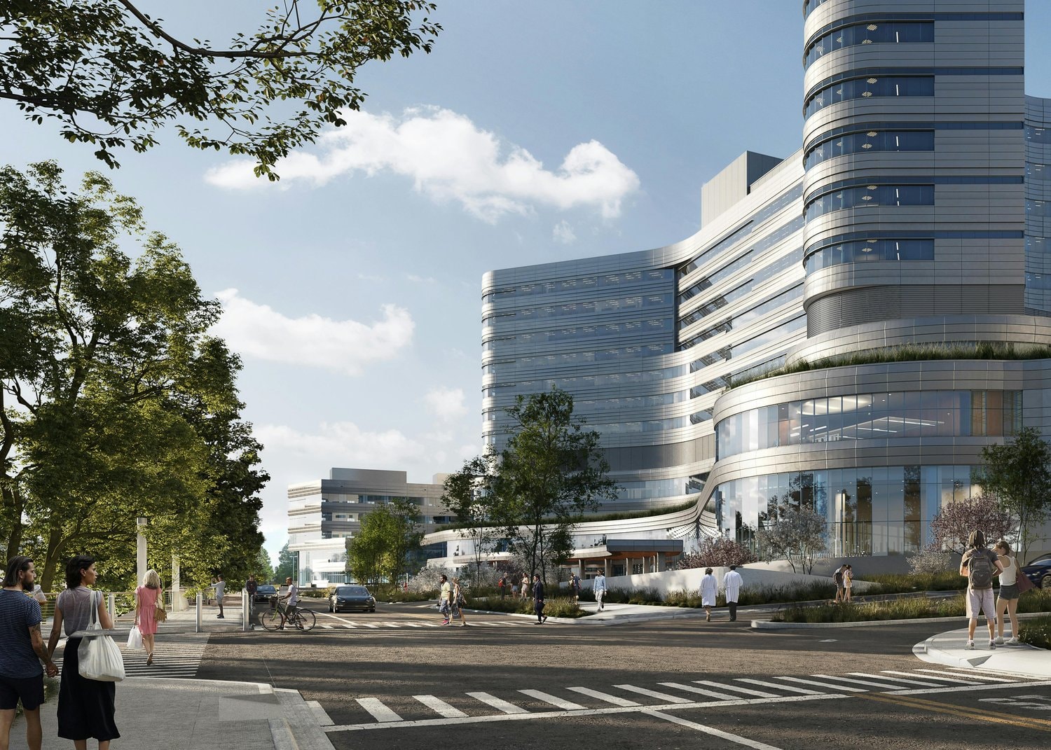 Street-level rendering of the new bed tower and inpatient expansion, designed by NBBJ
