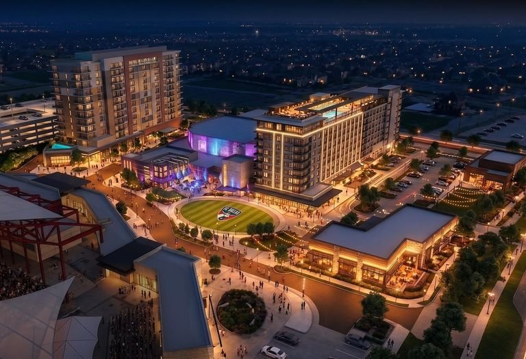 Rendering of the proposed Toyota Stadium East Side Mixed-Use District in Frisco, with the stadium at lower left