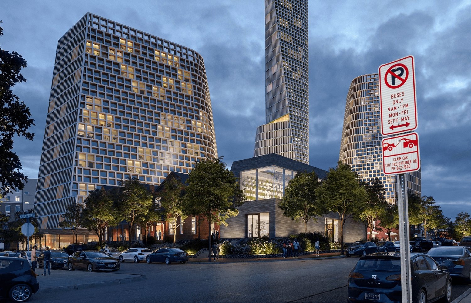 Rendering of the three-tower Rutledge Hill redevelopment (Culinary Arts District) at dusk, viewed from street level