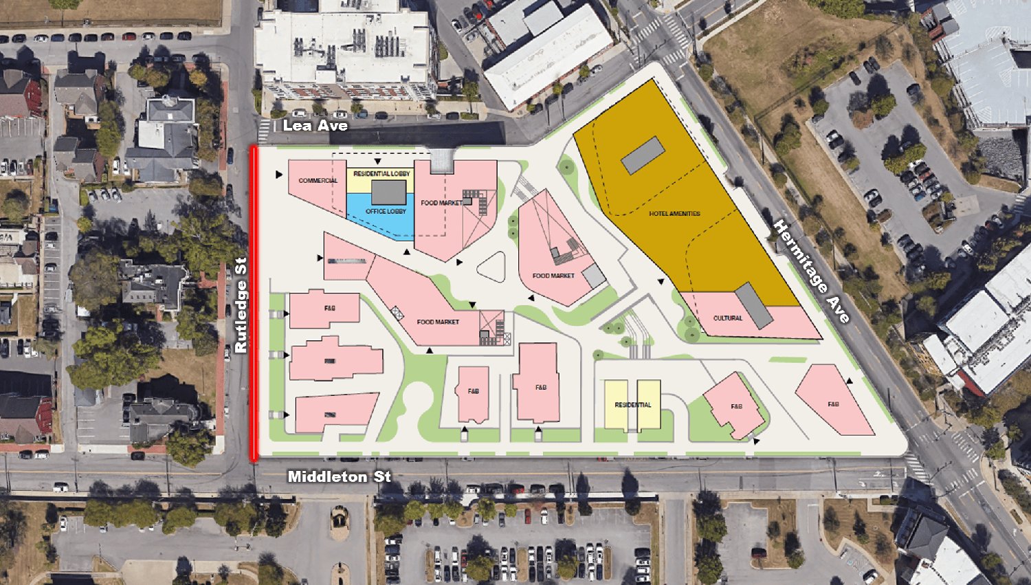 Site plan for the Rutledge Hill redevelopment showing food market, hotel, cultural, office and residential components
