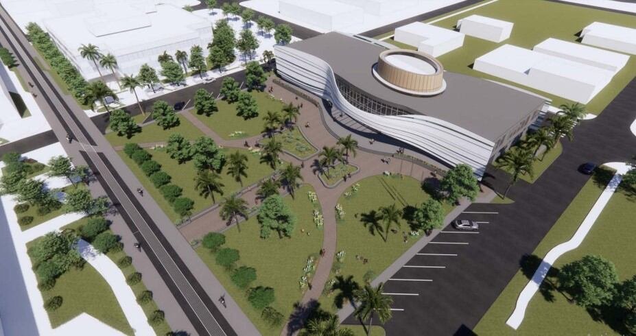 Aerial rendering of the proposed Clearwater City Hall and surrounding park space