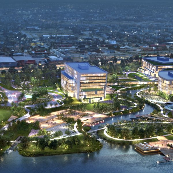 Rendering of office buildings and riverfront park at Oracle's proposed River North campus