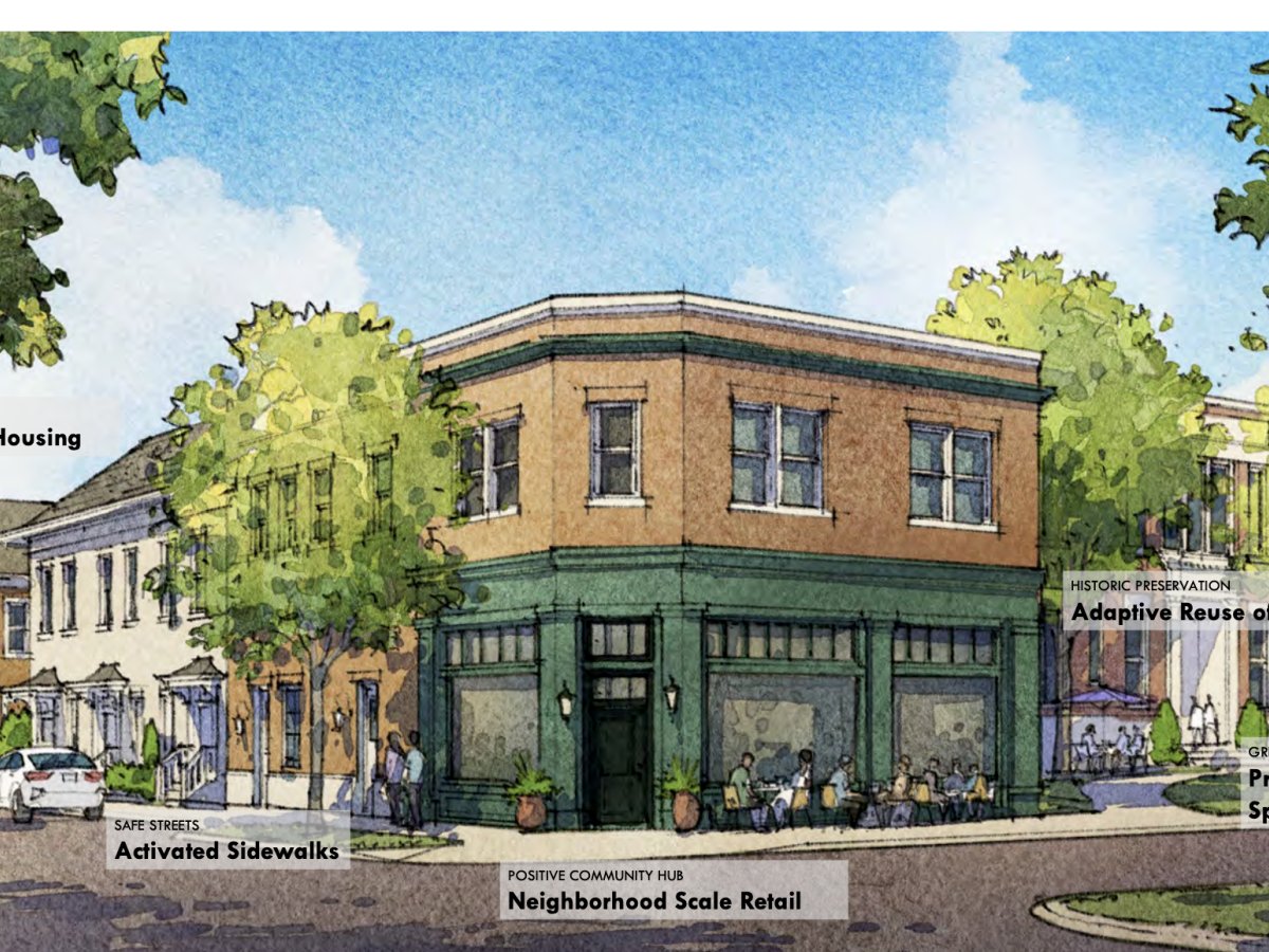 Rendering of proposed corner retail building at the Lakewood Heights Elementary School redevelopment