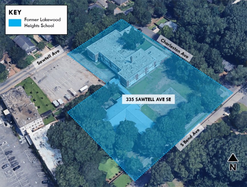 Aerial view of the former Lakewood Heights Elementary School site at 335 Sawtell Ave. SE