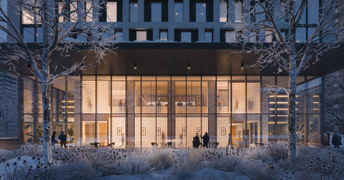 Rendering of the lobby and podium at 9 St Dennis Drive in winter, from developer Osmington Gerofsky