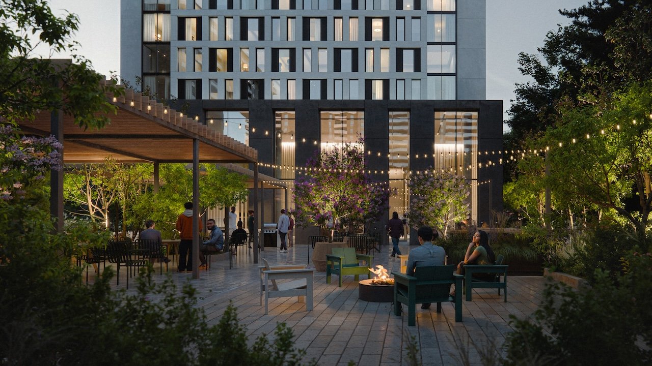 Evening rendering of the ground-level amenity space at 9 St Dennis Drive