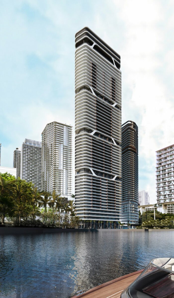 Rendering of the proposed Prosper & Versluys riverfront tower viewed from the Miami River