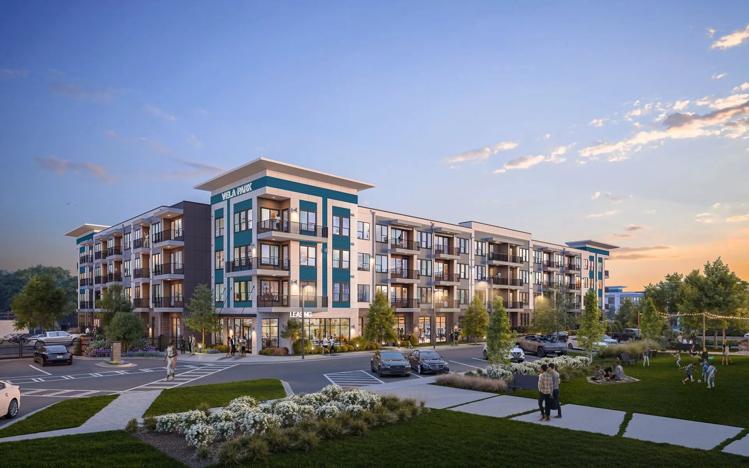 Rendering of Vela Park's apartment building and central green