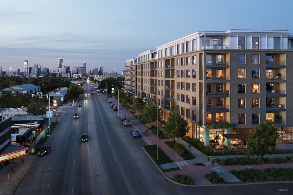 Rendering of the proposed mixed-use development at 6111-6119 S. Congress Ave., looking north toward downtown Austin