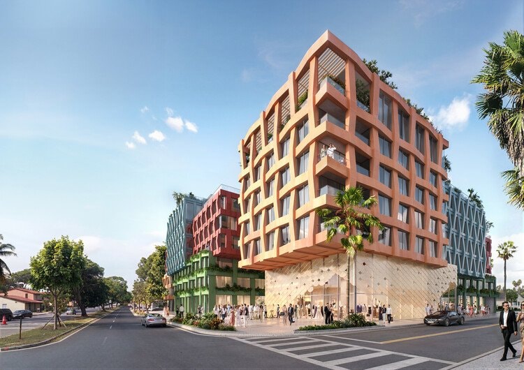 Rendering of WOMA Wynwood's signature corner volume and ground-floor retail