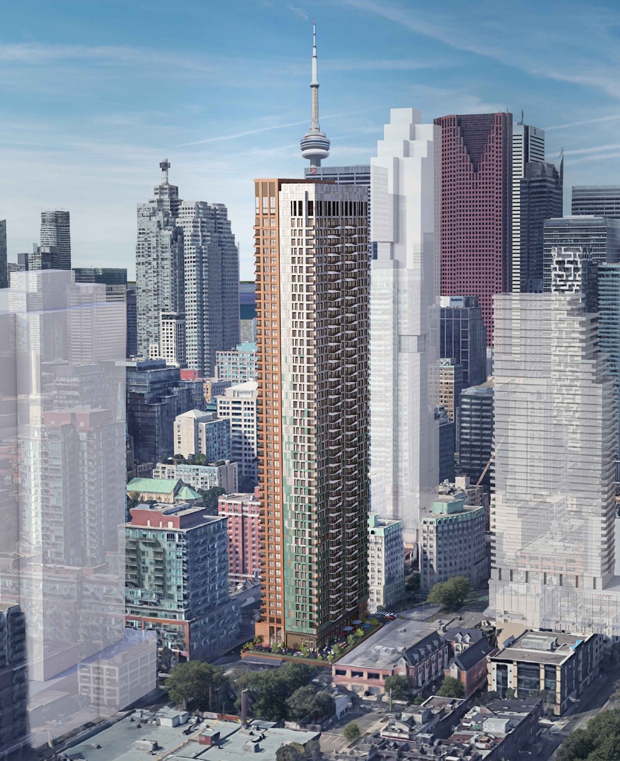 Aerial rendering of the 115 Jarvis Street tower with surrounding context massing