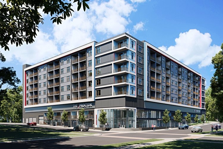Daytime rendering of The Proctor mixed-use project at full build-out