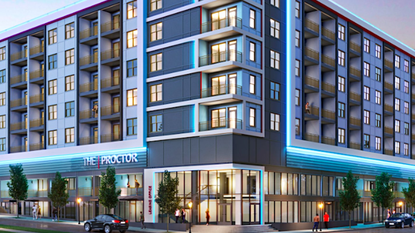 Rendering of The Proctor mixed-use building's main entrance in English Avenue