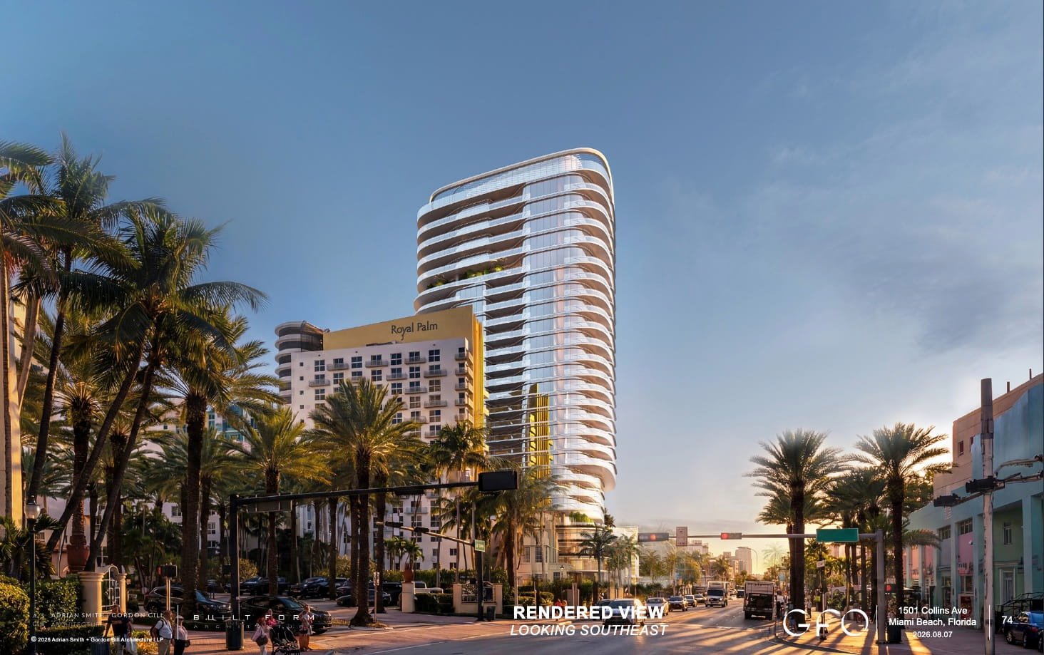 Official rendered view of the 25-story Live Local tower at 1501 Collins Avenue, looking southeast