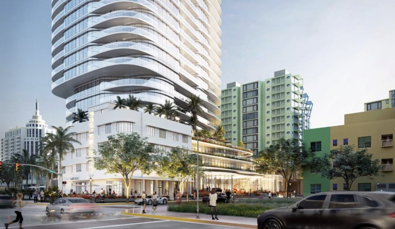 Rendering of the 25-story tower at 1501 Collins Avenue rising behind the historic Bancroft Hotel