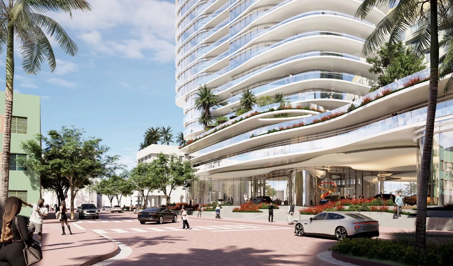 Street-level rendering of the tower's podium and arrival plaza at 1501 Collins Avenue