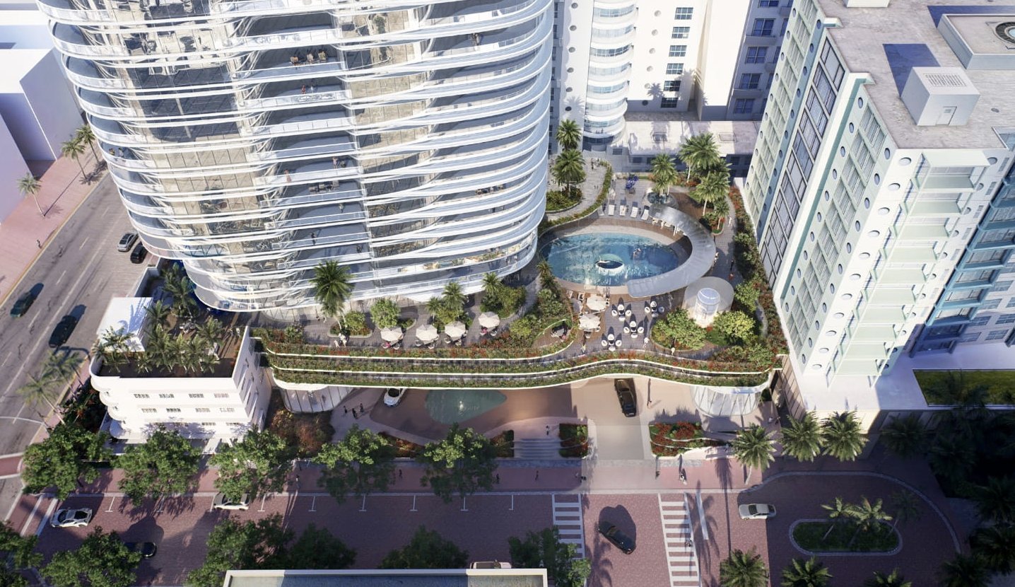 Aerial rendering of the tower's amenity deck and pool at 1501 Collins Avenue