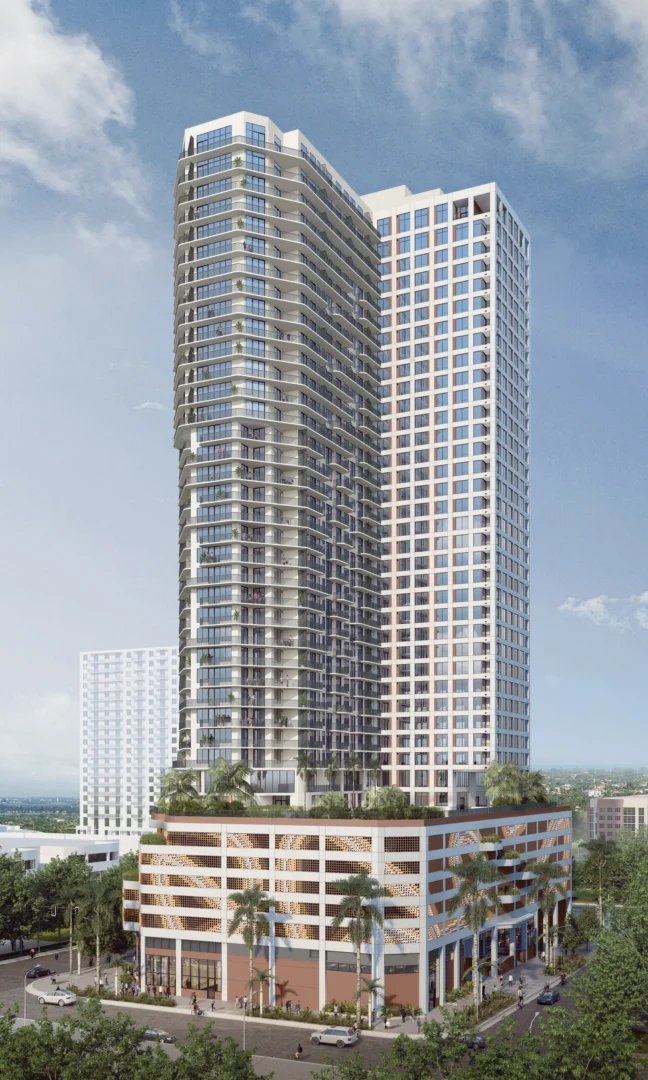 Aerial rendering of 1775 Biscayne showing the tower rising above its podium (ODP Architects)