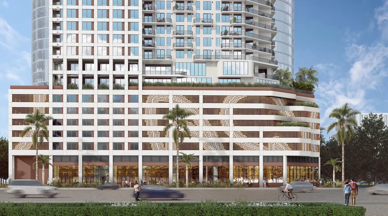 Detail rendering of the tower base and parking podium at 1775 Biscayne (ODP Architects)