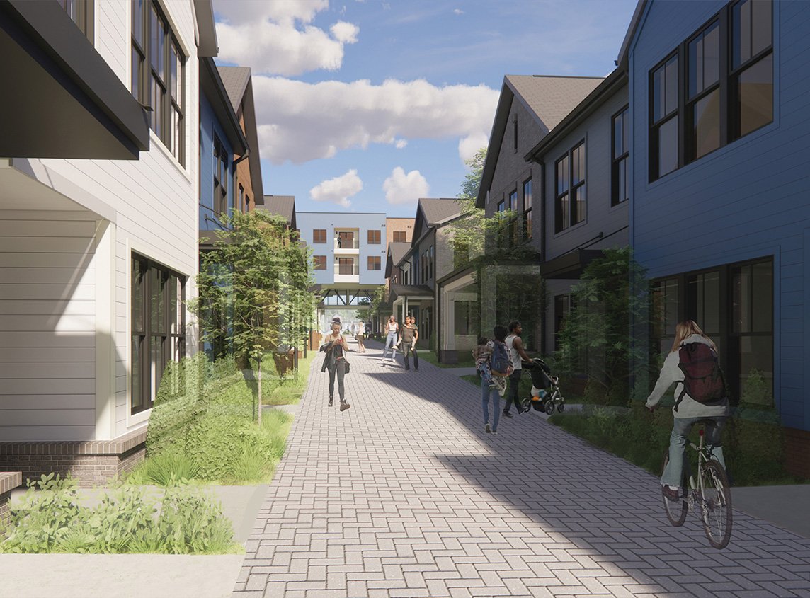 Rendering of a pedestrian walkway between residences at Park Point East