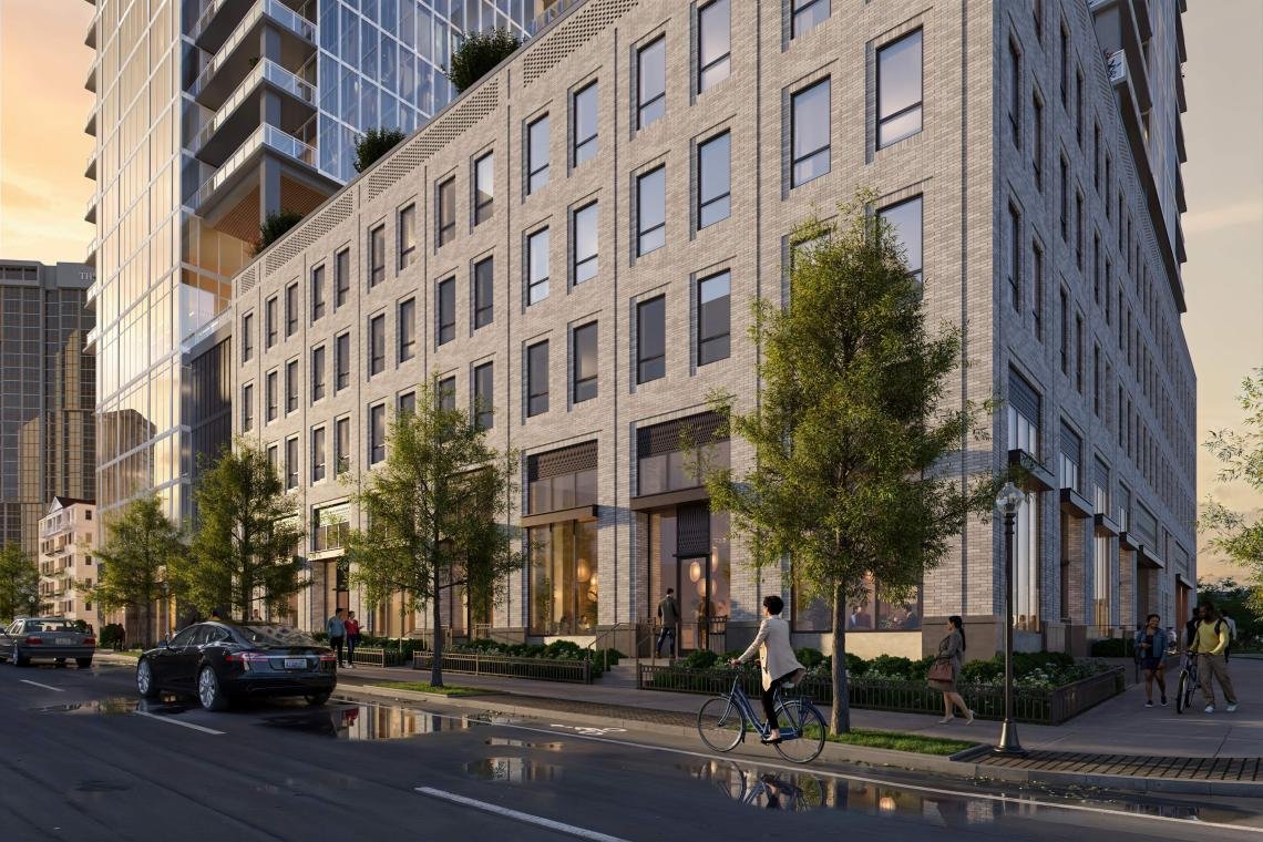 Street-level rendering of Fourteen Park's brick podium along 14th Street