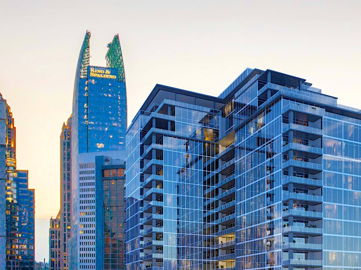 Detail rendering of Fourteen Park's glass tower with 1180 Peachtree beyond
