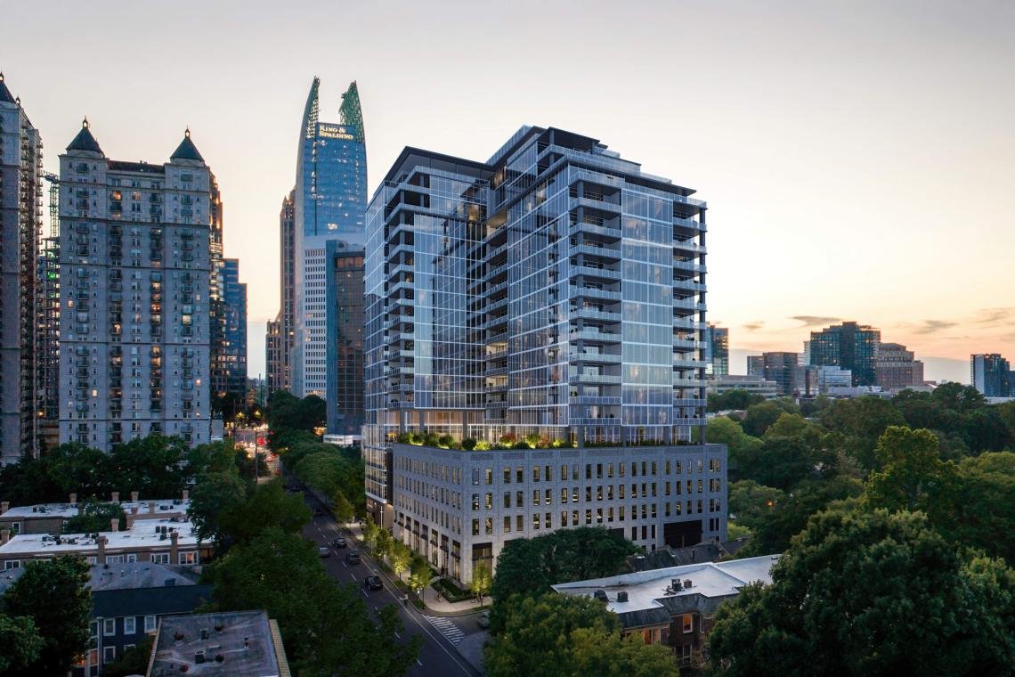 Aerial rendering of Fourteen Park overlooking Piedmont Park and the Midtown skyline
