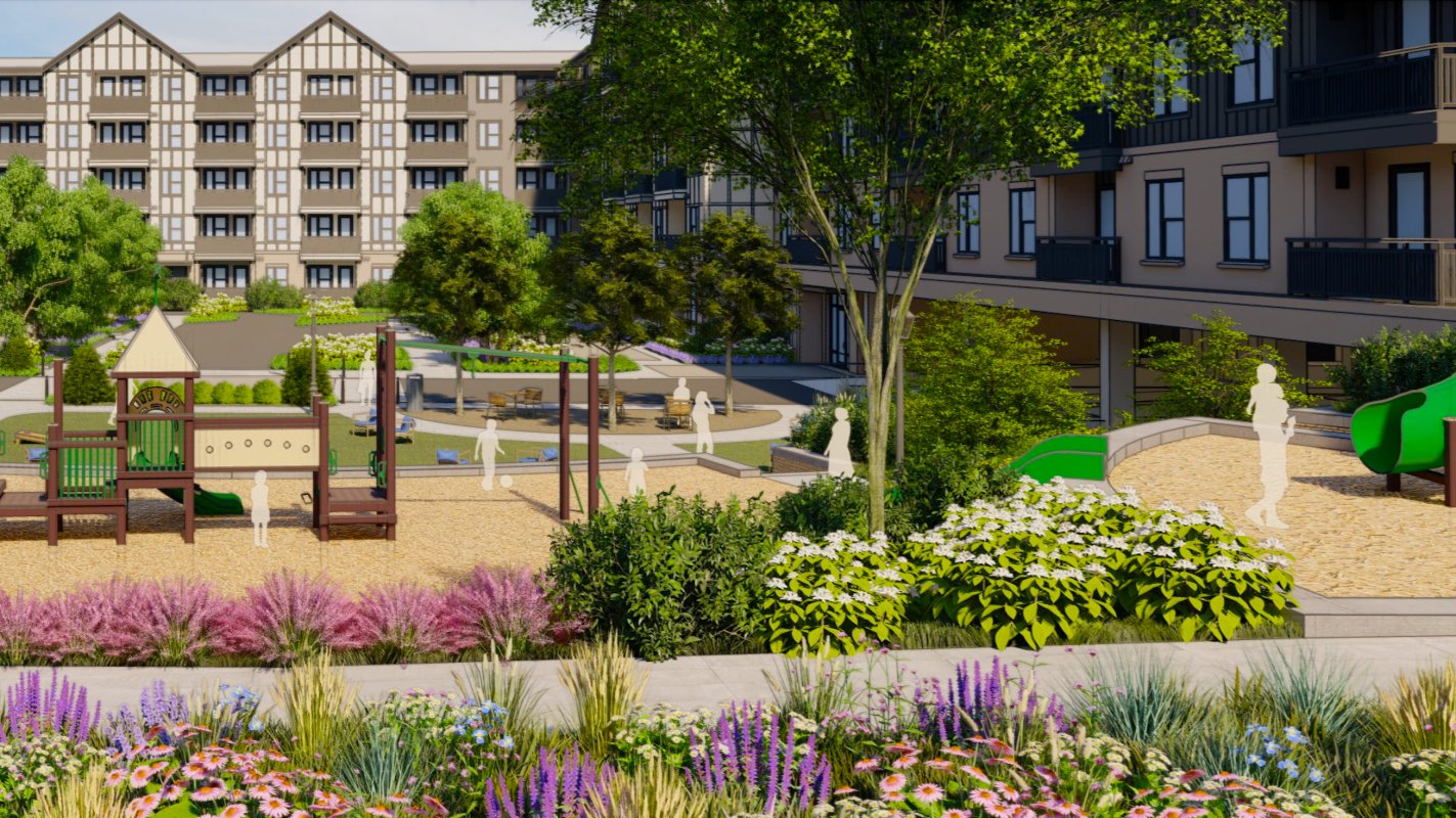 Rendering of the central green and playground planned for the North River Shopping Center redevelopment